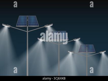 Solar Power Energy Lamp Post with Sunset. Solar Panel Street Lamp Post. Lamp Post with Solar Panel. Vector Illustration. Stock Vector