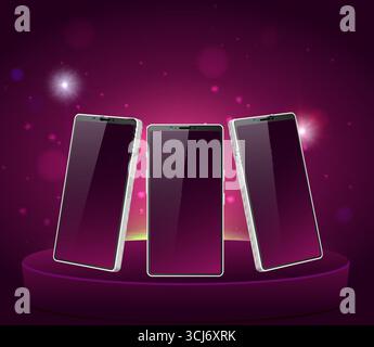 Realistic mockup of cell phone in different angles on pedestal. Bokeh light. Smartphone advertising. Blank screen. Purple glow. Mobile gadget show at Stock Vector