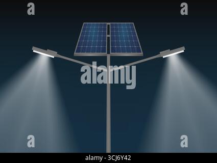 Solar Power Energy Lamp Post with Sunset. Solar Panel Street Lamp Post. Lamp Post with Solar Panel. Vector Illustration. Stock Vector