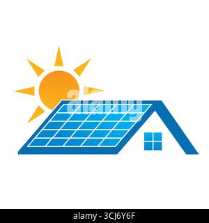 Solar Panel on Roof Logo. Solar Energy  Logo. Solar Panel on Roof at Home. Vector Illustration Isolated on White Background. Stock Vector
