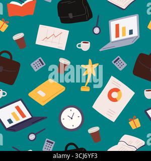 Office items and tools. Business seamless pattern. Project graphs. Charts at laptop screen. Time clock. Repeated print. Folders with paper documents. Stock Vector