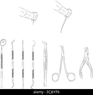 Dentist surgery and dental treatment tools illustration drawing in graphic style with black on white background. Stock Vector