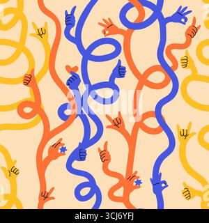 Multicolored human hands with different finger gestures holding heart and star seamless pattern. Repeated print. Flexible long arms weaving and twisti Stock Vector