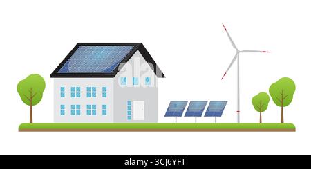 House With Solar Panel and Wind Turbine. Solar Energy and Renewable Energy Sources. Clean and Green Energy. Vector Illustration. Stock Vector