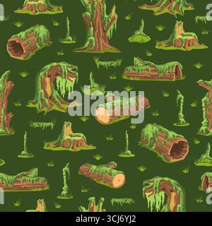 Old fallen trees in swamp overgrown with green moss and lichen. Natural mossy branches seamless pattern. Jungle marsh landscape. Repeated print. Wood Stock Vector