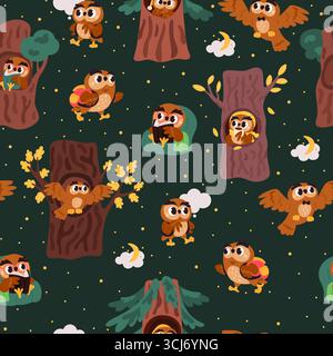 Fun cartoon owl character. Forest wild animals seamless pattern. Owlet walking or reading book. Repeated print. Bird sitting in pine tree trunk hole. Stock Vector