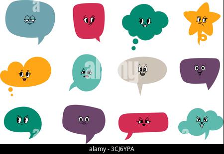 Fun cartoon speech bubbles with funny faces. Cute emoji. Emotion expression. Happy or upset emoticons. Dialogue chat. Communication balloon color shap Stock Vector