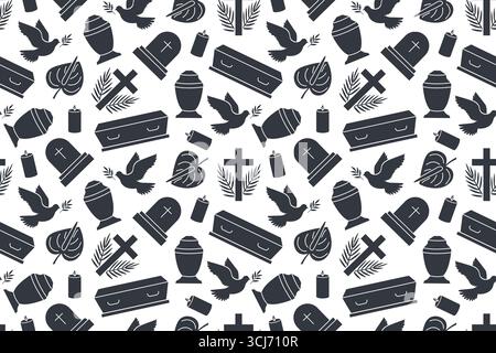 seamless funeral, remembrance pattern with cross with palm leaf, urn, candle, anthurium flower, dove, coffin and gravestone icons - vector illustratio Stock Vector