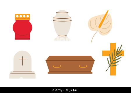 set of funeral, remembrance icons: cross with palm leaf, urn, candle, anthurium flower, coffin and gravestone- vector illustration Stock Vector