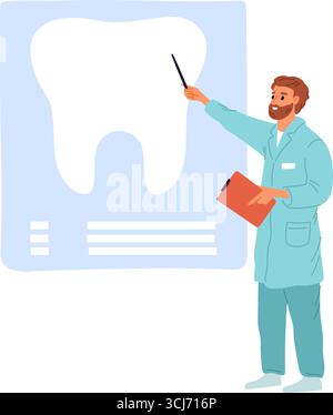 Dentist in robe talks about structure of human tooth. Doctors recommendation for dental health care. Medical lecture. Man showing at molar banner with Stock Vector