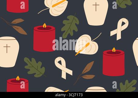 All Saints’ Day, All Souls’ Day seamless pattern with candle, urn, autumn leaves, anthurium and mourning ribbon; symbol of remembrance, grief and pray Stock Vector
