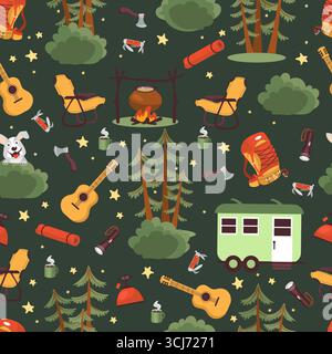 Camping or vacationing in woods. Campsite seamless pattern. Campground tent with campfire. Repeated print. Flashlight and backpack for hiking travel. Stock Vector