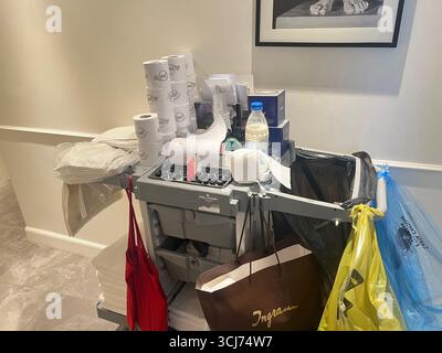 housekeeping trolley in a hotel corridor in Perugia Stock Photo