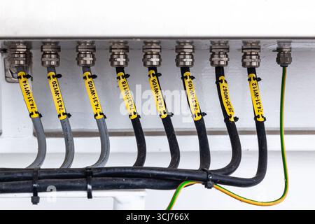 Several powerful electrical cables connected to a junction box. Stock Photo