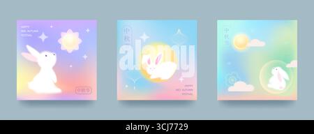 Mid Autumn Festival greeting card set background, banner, greeting card, poster with full moon, stars, cute rabbits and lanterns in trendy gradient st Stock Vector