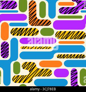 Bold retro geometric seamless pattern with bright psychedelic colors and hand-drawn texture Stock Vector