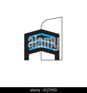 black and white simple line art vector cube logo as part of a house Stock Vector