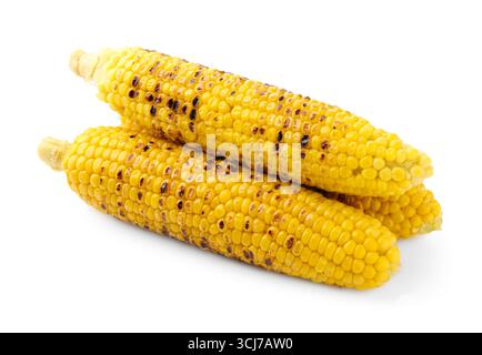 Three tasty grilled corncobs isolated on white Stock Photo