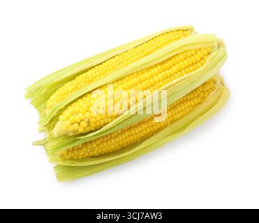 Three tasty boiled corncobs isolated on white, top view Stock Photo