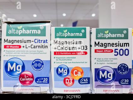Kiel, Germany - 02. September 2025: Packages of altapharma magnesium citrate,  magnesium calcium D3, and magnesium 500 supplements arranged on a shelf  Stock Photo