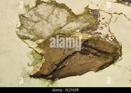 section of a damaged wall with exposed layers of plaster, concrete, and rusted rebar. an irregular hole reveals a rough, brownish layey Stock Photo