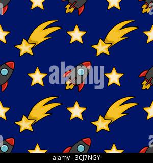 Seamless vector pattern of cute rockets, shooting stars, and yellow stars on a dark blue background, perfect for childrens textile or space-themed des Stock Vector