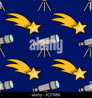 Seamless vector pattern featuring telescopes and shooting stars on a dark blue background, ideal for astronomy-themed designs and textile prints. Stock Vector