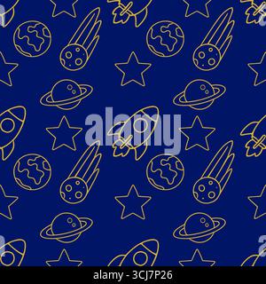 Seamless vector pattern featuring a navy blue background adorned with golden outline illustrations of rockets, planets, stars, and comets, creating a Stock Vector