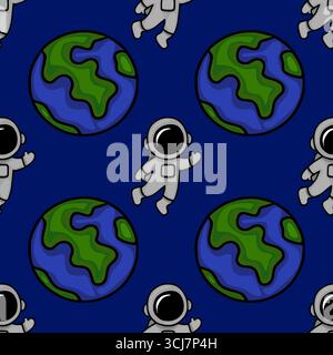 Seamless vector pattern featuring playful cartoon astronauts waving near stylized Earth globes against a deep blue space backdrop, ideal for kids appa Stock Vector