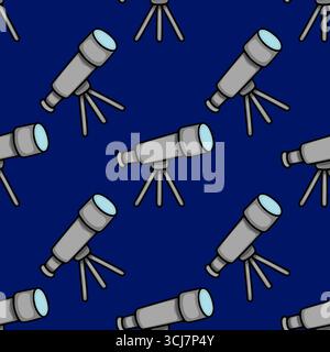 Seamless vector pattern featuring scattered grey telescopes on a deep blue background, a playful yet sophisticated design ideal for astronomy-themed p Stock Vector