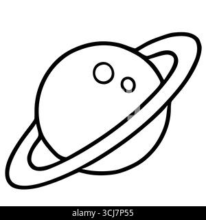 A whimsical vector illustration of a simplified Saturn-like planet with bold outlines, featuring two small moons and prominent rings, perfect for chil Stock Vector