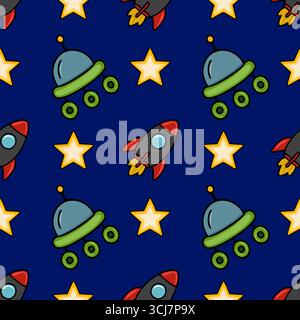 Seamless vector pattern featuring playful rockets, wheeled spaceships, and yellow stars against a deep blue backdrop, creating a vibrant and cheerful Stock Vector