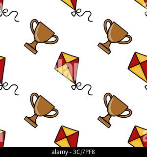 Seamless vector pattern featuring playful illustrations of golden trophies and red-yellow kites, creating a vibrant and cheerful design perfect for ki Stock Vector