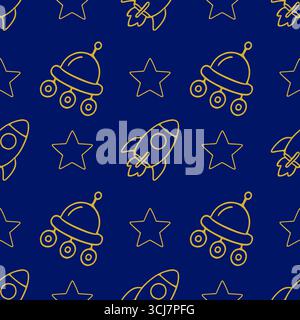 Seamless vector pattern with golden outline rockets, UFOs, and stars on a dark blue background, perfect for kids textile, wrapping paper, or space-the Stock Vector