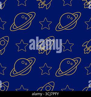 Seamless vector pattern featuring a minimalist design of golden rockets, stars, and planets on a deep blue background, ideal for textile prints or kid Stock Vector