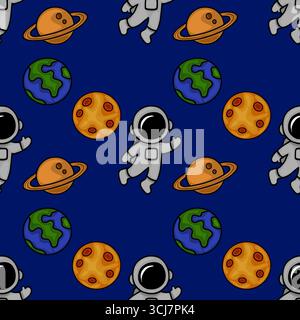 Seamless vector pattern featuring playful cartoon astronauts floating amidst planets, moons, and rings, set against a deep blue cosmic backdrop. Stock Vector
