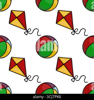 Seamless vector pattern featuring playful kites and multicolored balls, designed in a hand-drawn style with bold outlines and vibrant red, green, yell Stock Vector