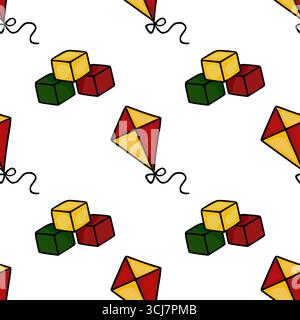 Seamless vector pattern featuring playful kites and colorful building blocks in a vibrant red, yellow, and green palette, ideal for childrens products Stock Vector