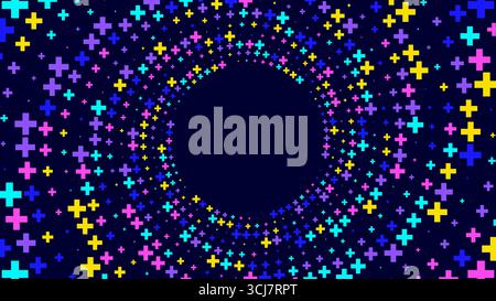 Abstract background with a swirling pattern of colorful plus signs on a dark blue background. Stock Vector