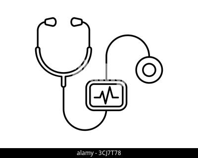 AI stethoscope line icon for heart disease detection. Innovative AI-powered stethoscope. Medical technology that analyzes heart sounds and murmurs. Stock Vector