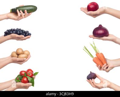 Set of female hands with various vegetables and fruits Stock Photo