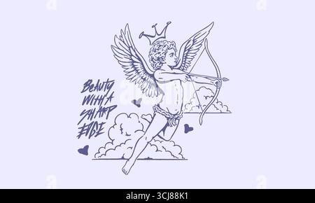 Cupid Angel with Crown Illustration, retro illustration, Vintage Monochrome Graphic for T-Shirt Print Stock Vector