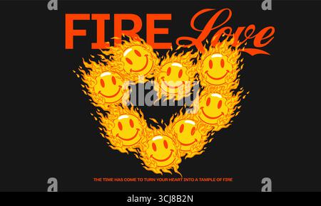 Vintage illustration of flaming smiley faces in a heart shape. Retro Fire Love artwork for t shirt print, sticker Stock Vector