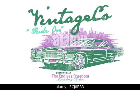 Retro illustration of a classic car with a city skyline. Vintage Co Ride On artwork with distressed texture for t shirt print Stock Vector