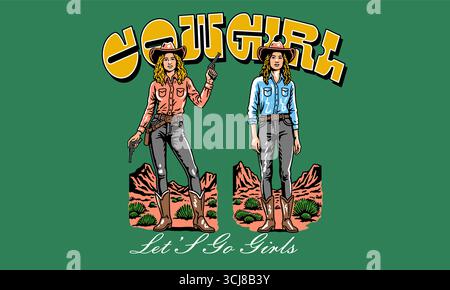 Vintage artwork of two cowgirls with guns in the desert. Retro western illustration for t shirt print, poster Stock Vector