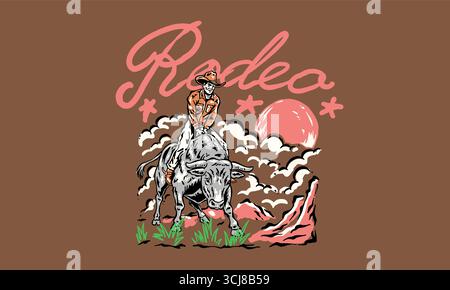 Vintage illustration of a rodeo cowboy riding a bull. Retro western artwork for t shirt print, event poster Stock Vector