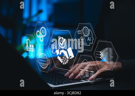 Human and AI Collaboration Concept. Person using laptop with futuristic icons representing artificial intelligence, automation, data integration Stock Photo