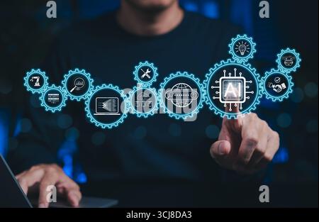 AI Artificial Intelligence System Integration and Automation. Person interacts with interface AI, data processing, machine learning, big data and auto Stock Photo