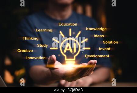 AI in Education and Learning Innovation Concept. Person holding AI light bulb with keywords like education, development, creativity, solution, Stock Photo