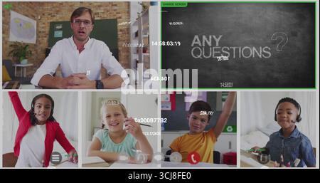 Leading teacher wearing shirt teaching virtual class at desk with chalkboard graphic, copy space Stock Photo